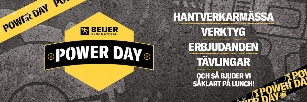 Reklamskylt för Beijer Power Days 2026 - En byggmässa fokuserat på elhandverktyg och maskiner!
