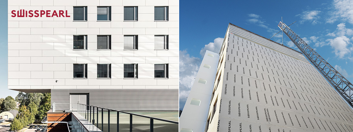 Swisspearls fasadskivor på ett höghus. Swisspeal är producenter av fasadskivor och andra typer av väggskivor.