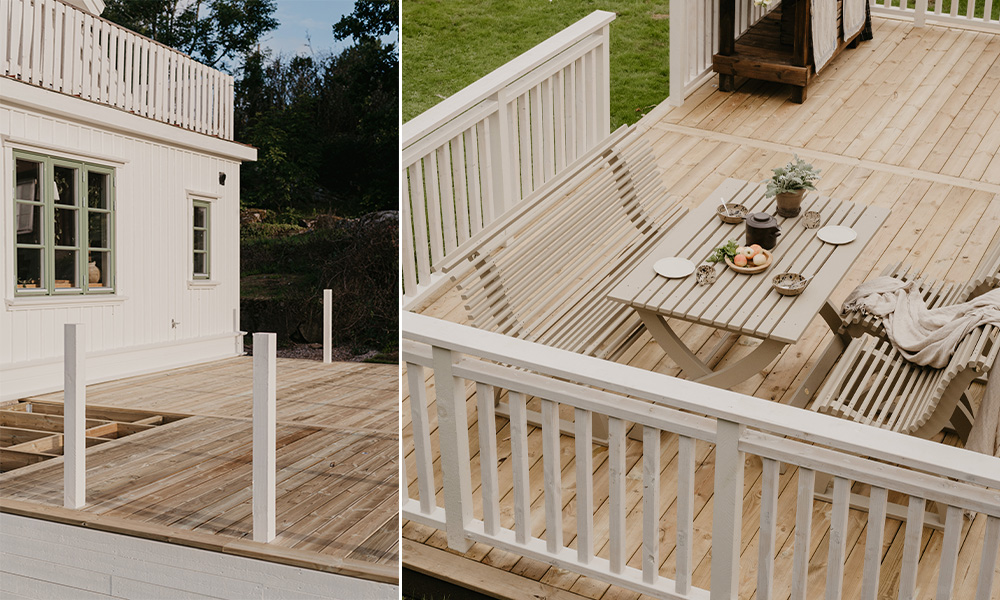 Här ser man det färdiga resultatet med staketet uppe runt altanen.