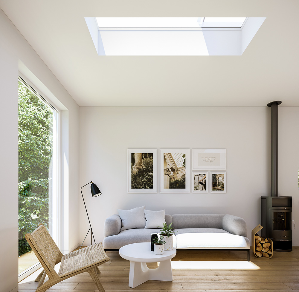 Vackert takfönster som ger ett ljusinsläpp ovanifrån i ett vardagsrum - Velux takfönster.