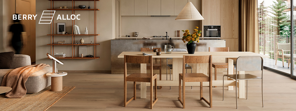 Golvleverantören BerryAlloc visar upp ett kök med nya vattentåliga golvet Parqwood Hydro.