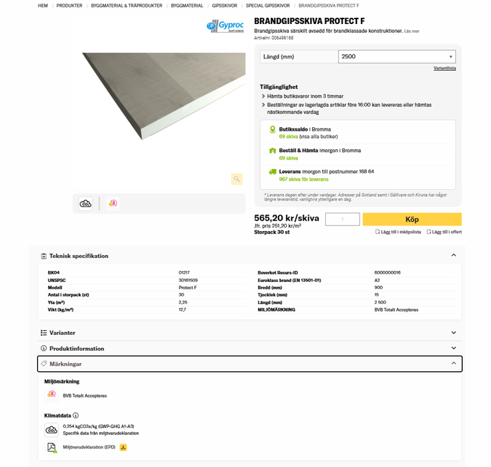 Klimatverktyget på produktblad på beijerbygg.se