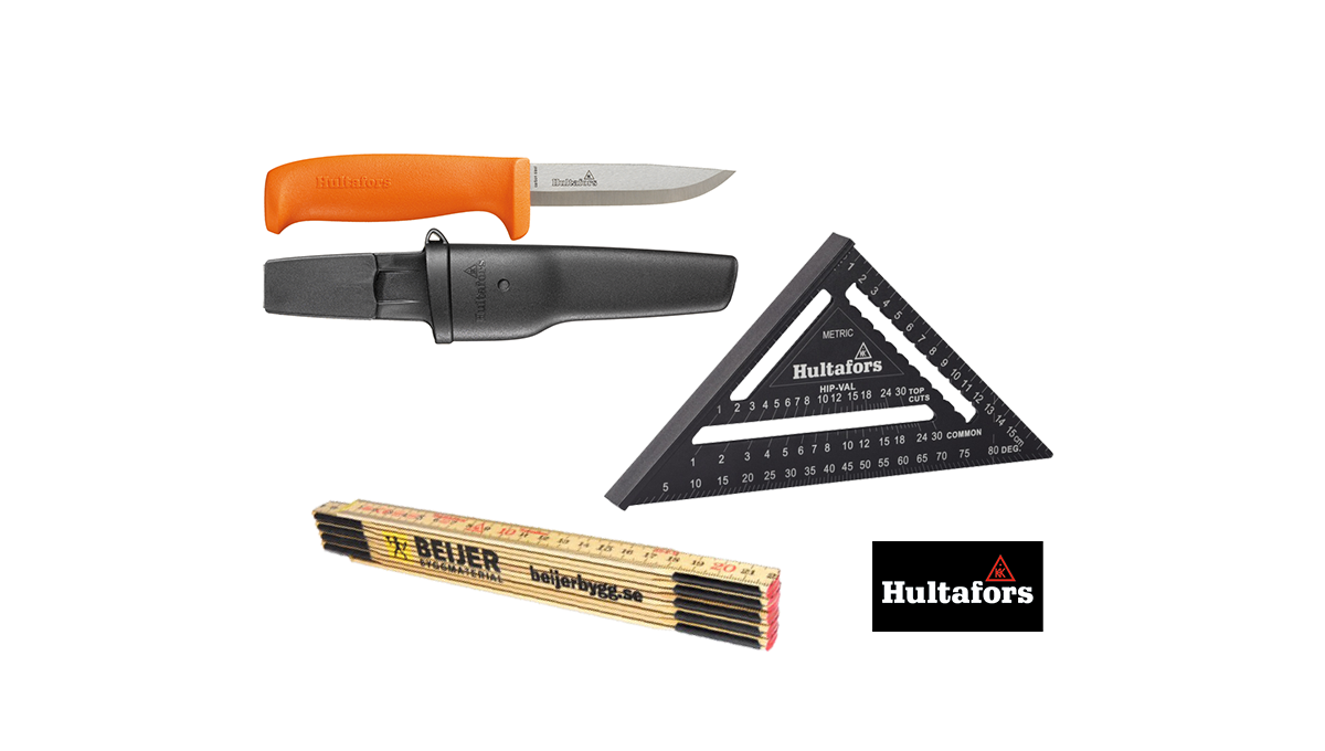 Produkter från Hultafors. Meterstock, hantverkarkniv och snabbvinkel.