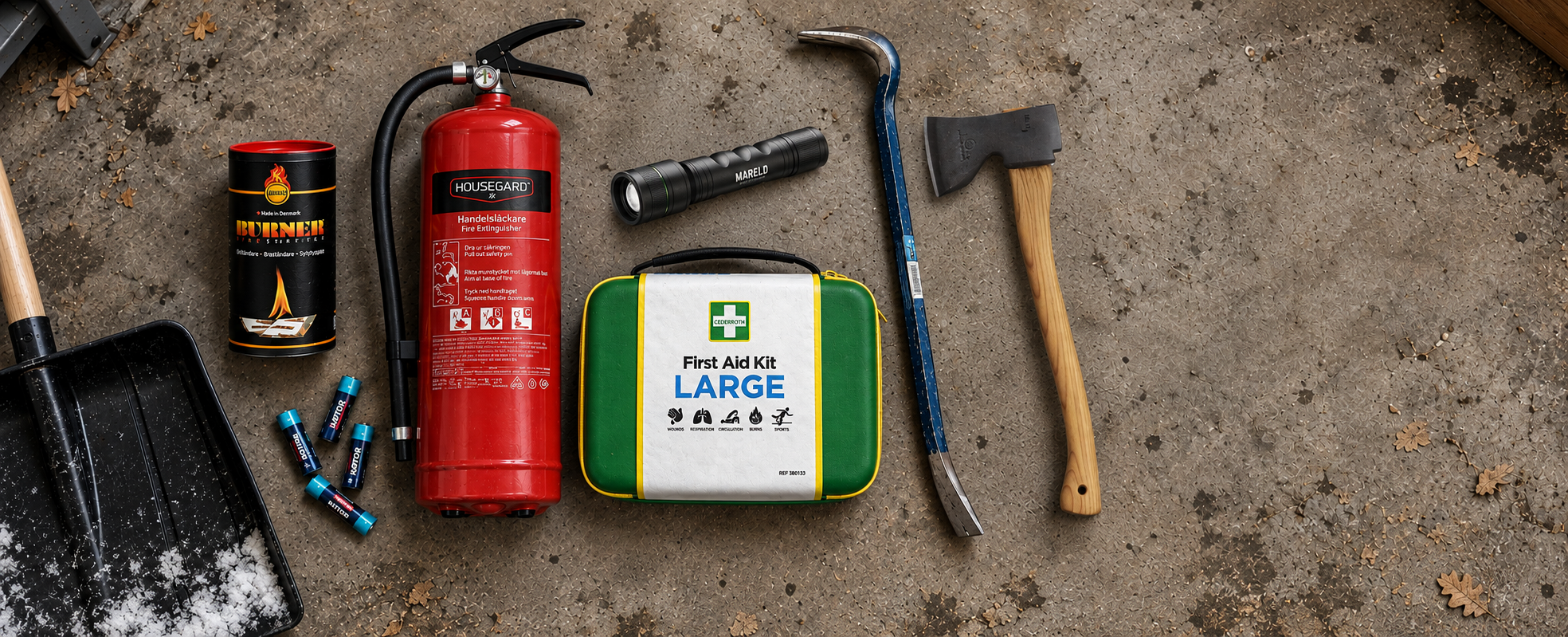 Hemberedskap med brandsläckare, första hjälpen-kit och verktyg