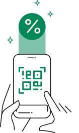 ilustración de celular scaneando código QR y porcentaje de descuento.