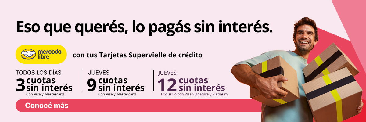 Eso que querés lo pagás sin interés - En Mercado Libre - Todos los días 3 cuotas sin interés con Visa y MasterCard - Los jueves 9 cuotas sin interés con Visa y MasterCard - Los jueves 12 cuotas sin interés exclusivo con Visa Signature y Platinum
